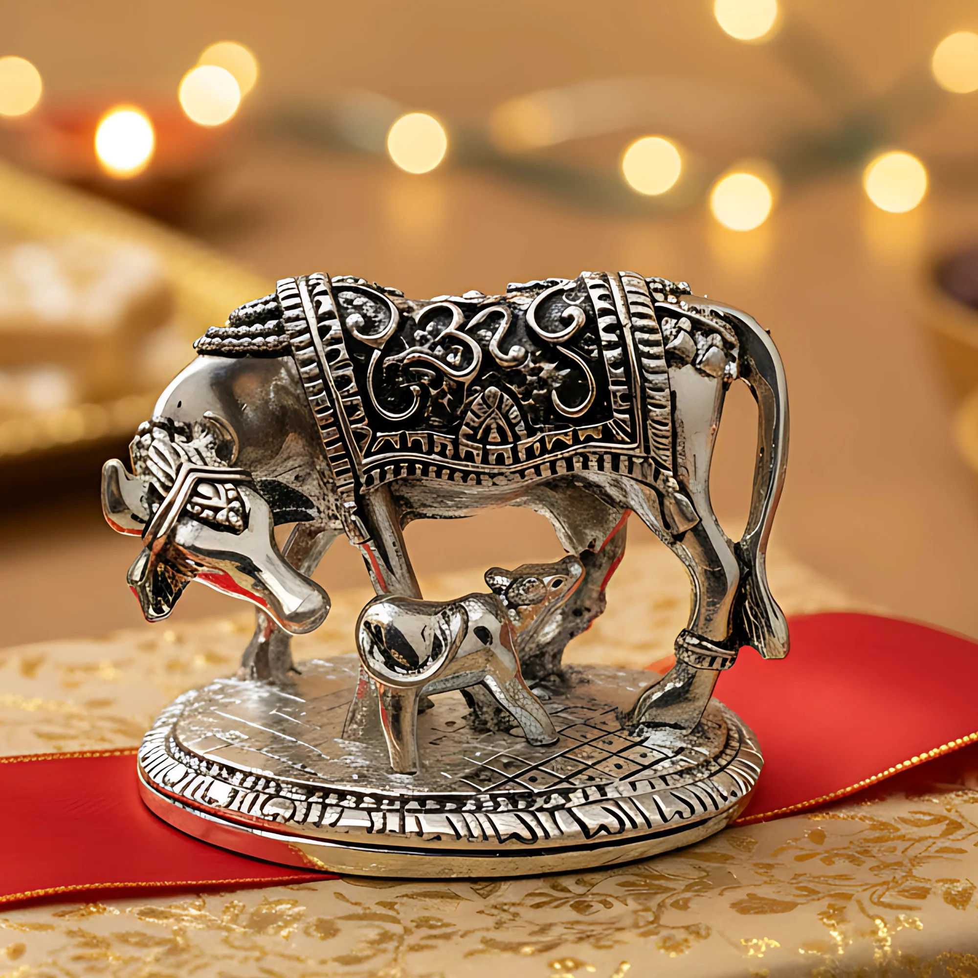 Pratima Ghar | 999 Pure Silver Plated Kamdhenu Cow | Vastu Home Decor | Symbol of Prosperity & Abundance | Auspicious Religious Gift for Pooja Room & Mandir & Office
