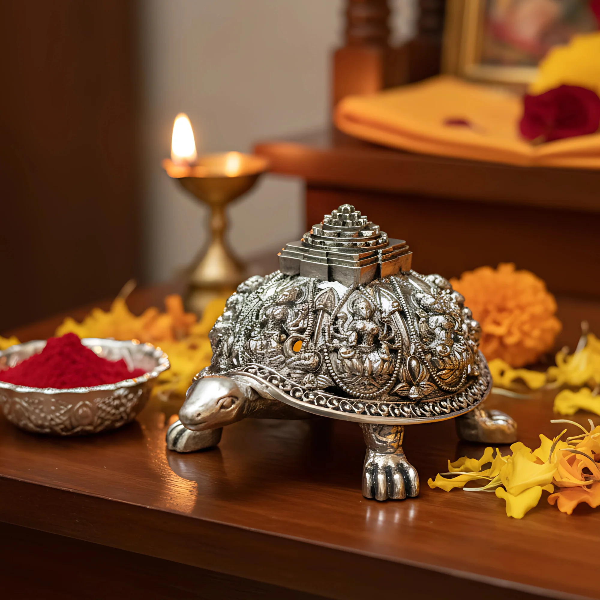 Ashta Lakshmi Tortoise | Pure Sliver Plated | Vastu Home Decor for Pooja Room & Mandir & Office | 3.5 Inch Turtle Showpiece for Prosperity & Good Luck