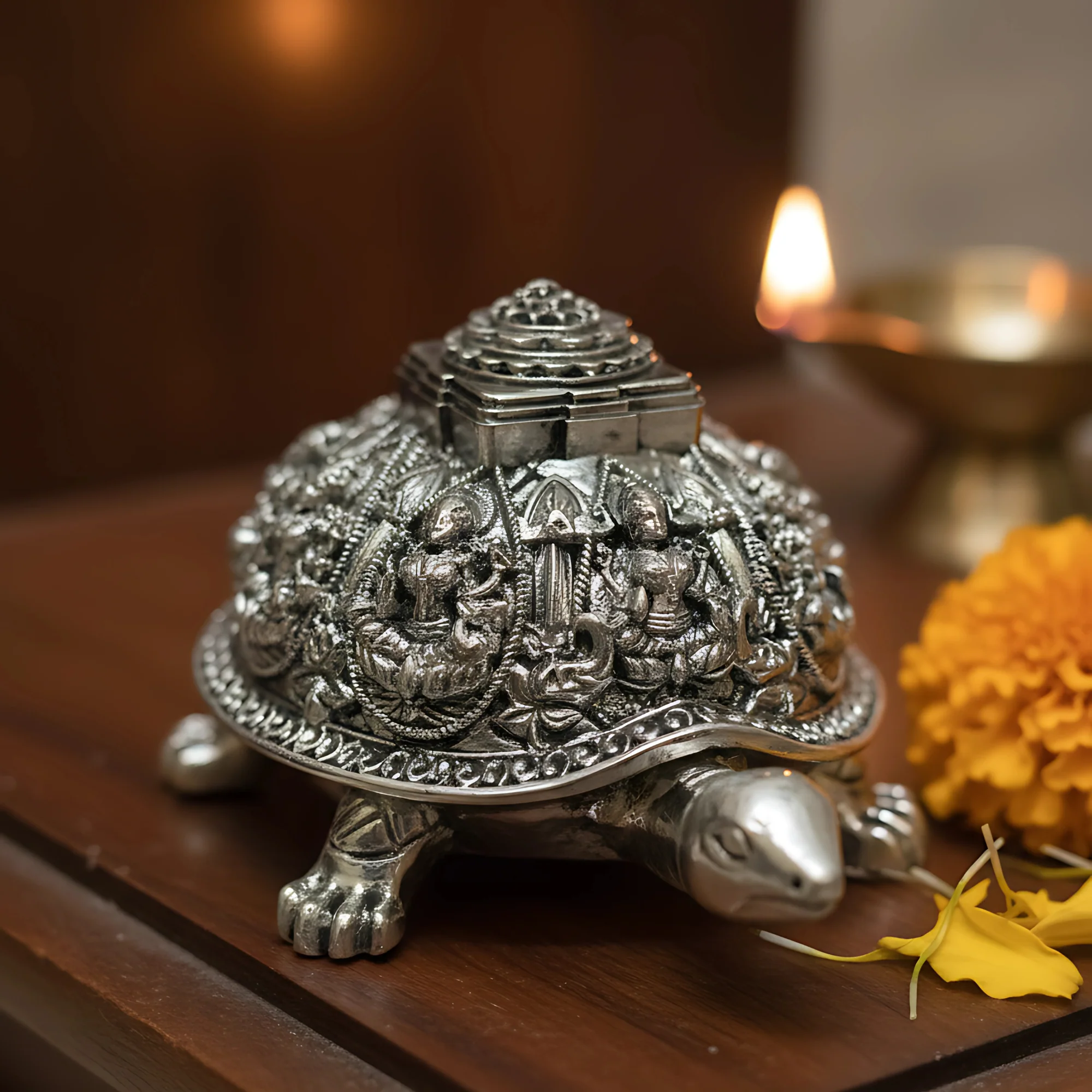 Ashta Lakshmi Tortoise | Pure Sliver Plated | Vastu Home Decor for Pooja Room & Mandir & Office | 3.5 Inch Turtle Showpiece for Prosperity & Good Luck