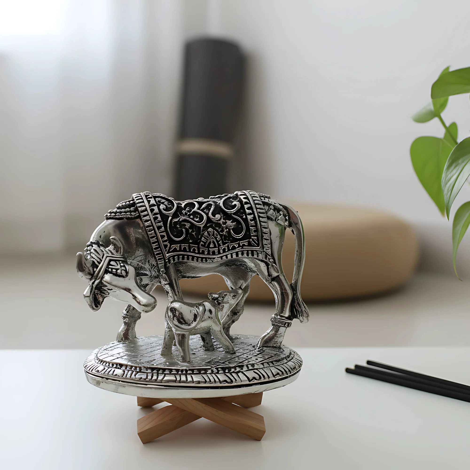 Pratima Ghar | 999 Pure Silver Plated Kamdhenu Cow | Vastu Home Decor | Symbol of Prosperity & Abundance | Auspicious Religious Gift for Pooja Room & Mandir & Office
