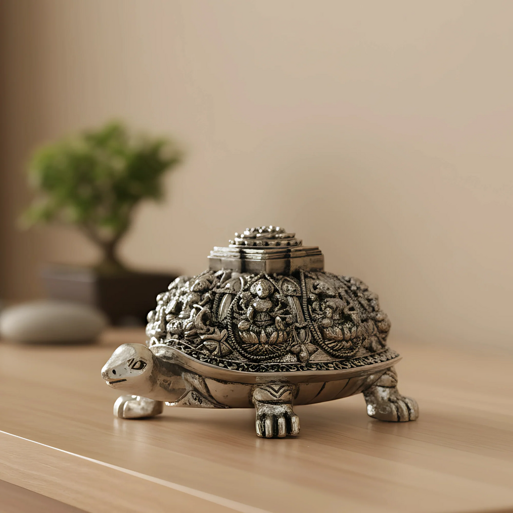 Ashta Lakshmi Tortoise | Pure Sliver Plated | Vastu Home Decor for Pooja Room & Mandir & Office | 3.5 Inch Turtle Showpiece for Prosperity & Good Luck