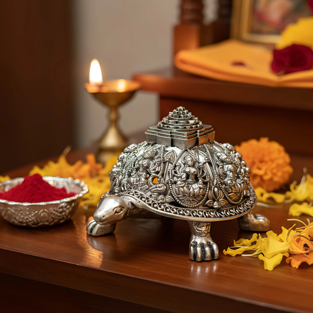 Ashta Lakshmi Tortoise | Pure Sliver Plated | Vastu Home Decor for Pooja Room & Mandir & Office | 3.5 Inch Turtle Showpiece for Prosperity & Good Luck