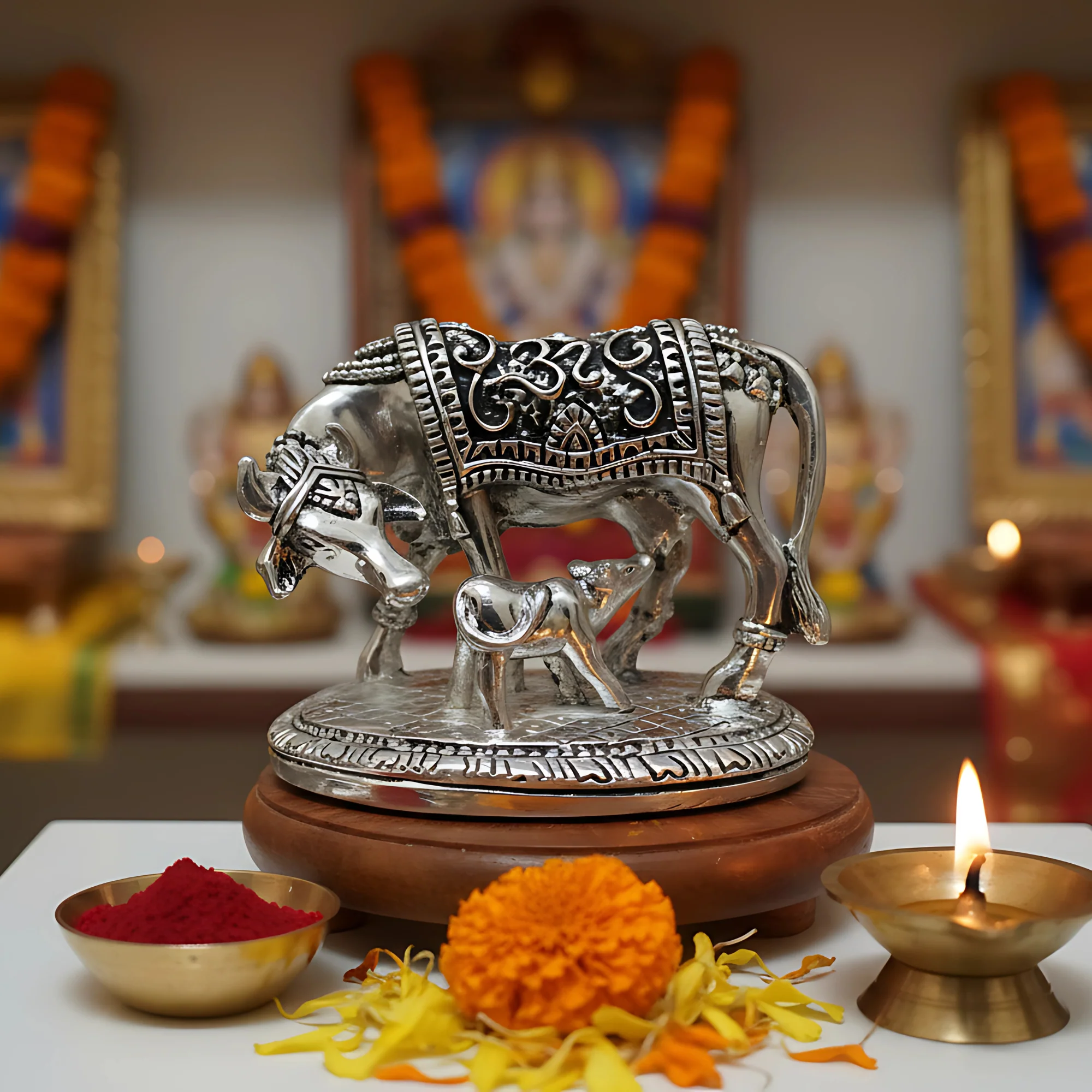 Pratima Ghar | 999 Pure Silver Plated Kamdhenu Cow | Vastu Home Decor | Symbol of Prosperity & Abundance | Auspicious Religious Gift for Pooja Room & Mandir & Office