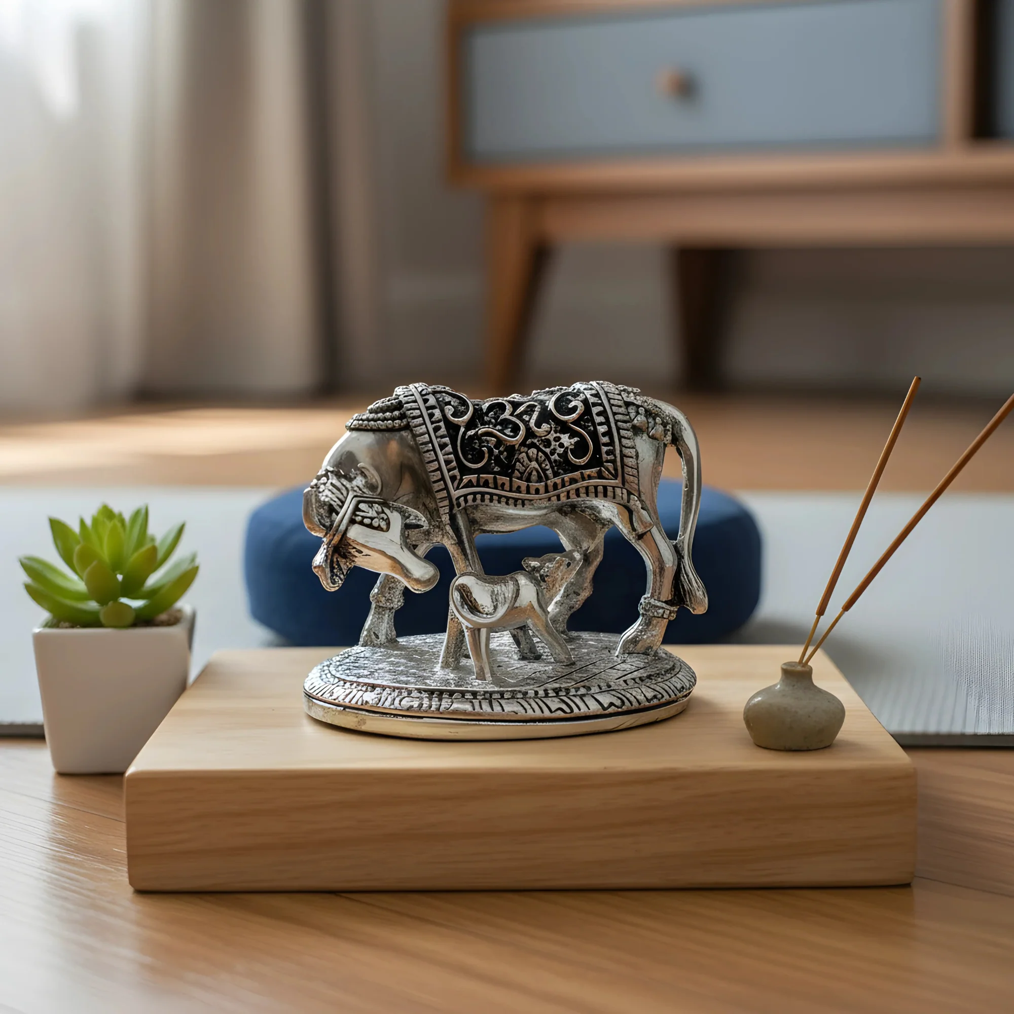 Pratima Ghar | 999 Pure Silver Plated Kamdhenu Cow | Vastu Home Decor | Symbol of Prosperity & Abundance | Auspicious Religious Gift for Pooja Room & Mandir & Office